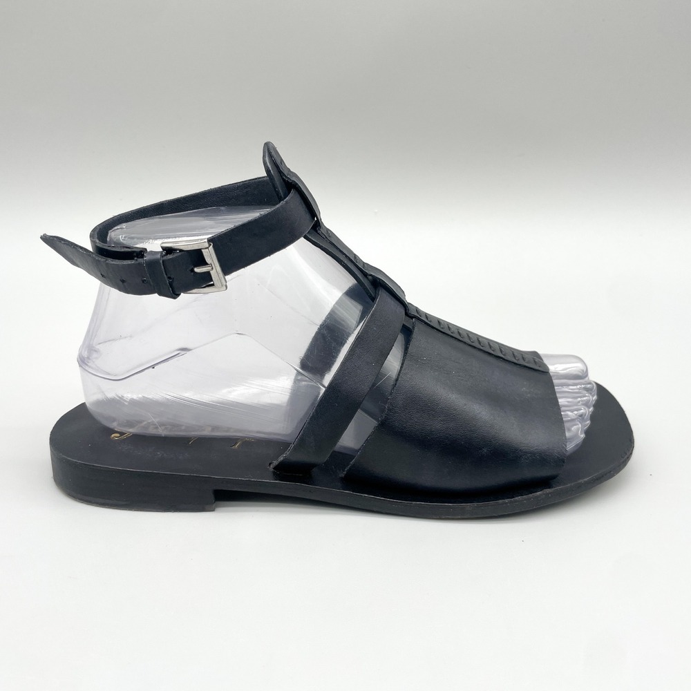 Free People Womens 38.5 Long Weekend Sandals TStrap Gladiator Black Leather Boho